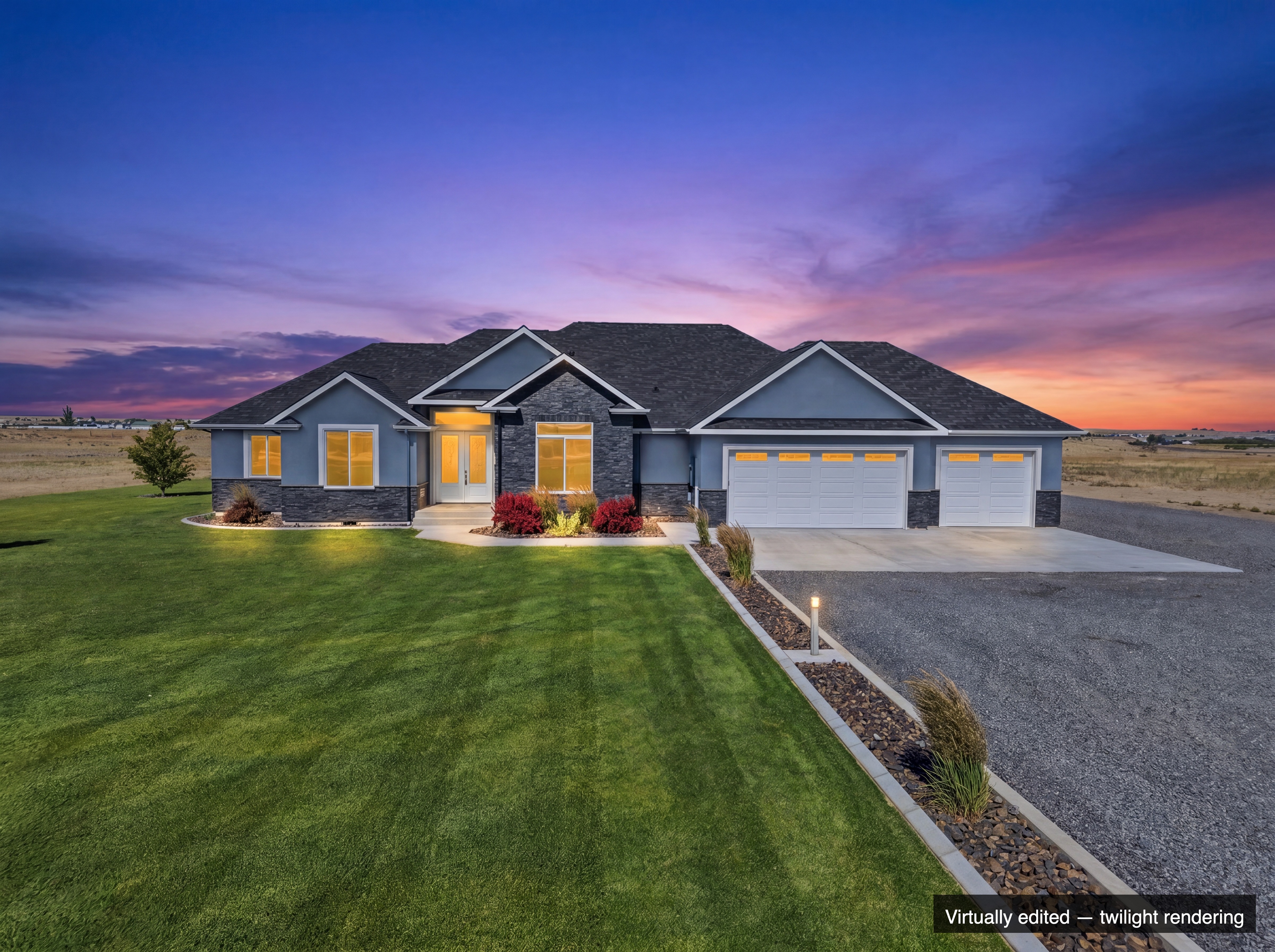 After — day-to-dusk of the same exterior